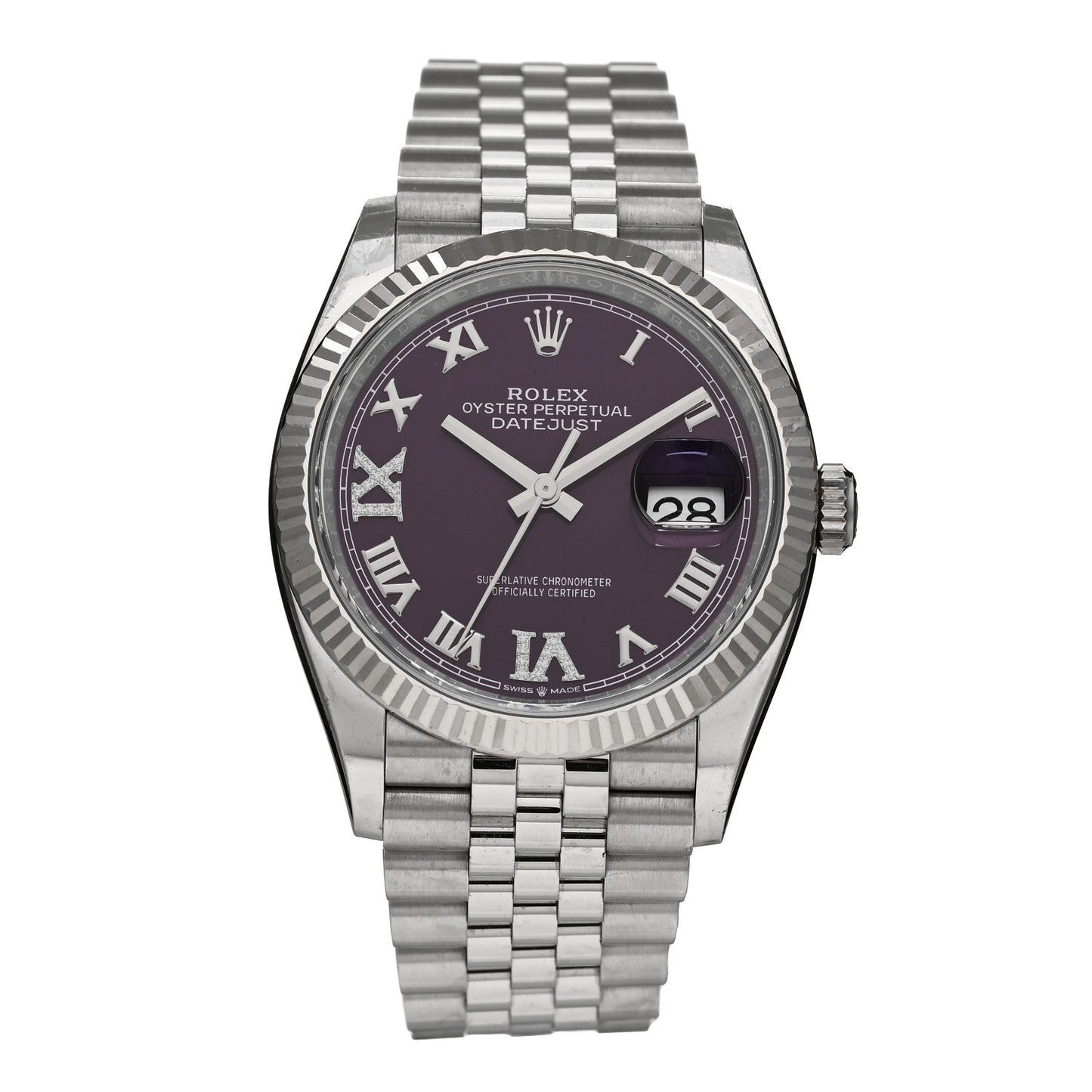 Stainless Steel 18K White Gold Diamond 36mm Oyster Perpetual Datejust Watch Aubergine Roman 126234