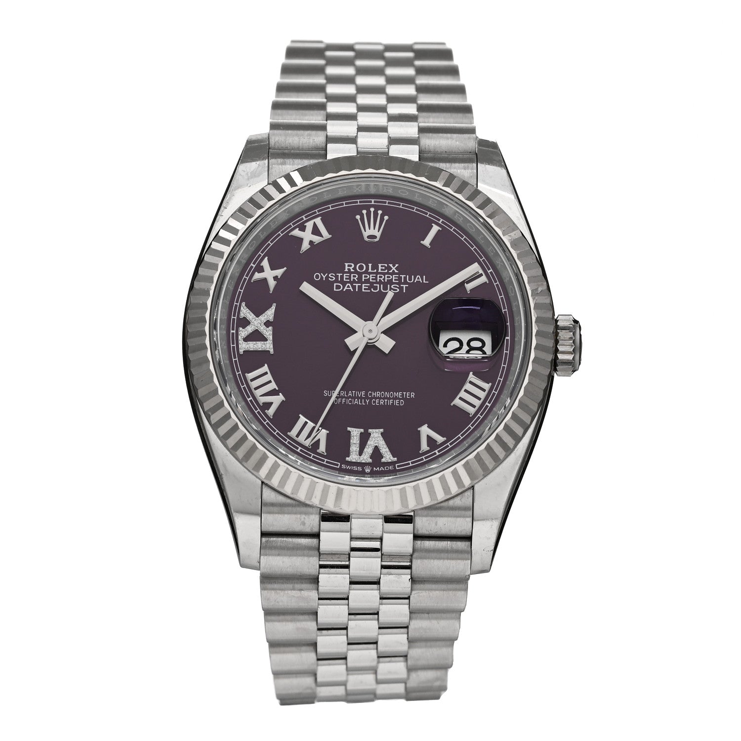 Rolex Stainless Steel 18K White Gold Diamond 36mm Oyster Perpetual Datejust Watch Aubergine Roman 126234 1 of 5