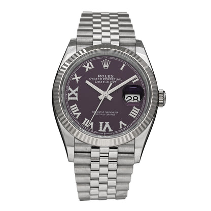 Rolex Stainless Steel 18K White Gold Diamond 36mm Oyster Perpetual Datejust Watch Aubergine Roman 126234 1 of 5