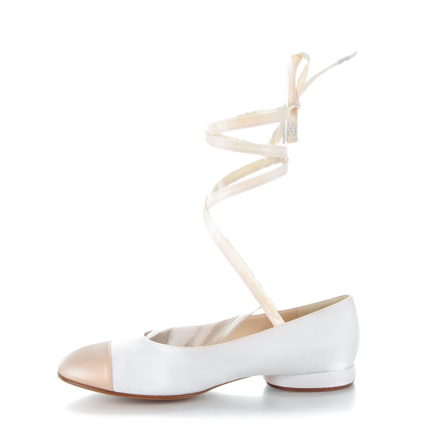 Chanel Satin Cap Toe Ballerina Ankle Wrap Flats 38 White Beige 1 of 7