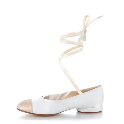 Chanel Satin Cap Toe Ballerina Ankle Wrap Flats 38 White Beige 1 of 7