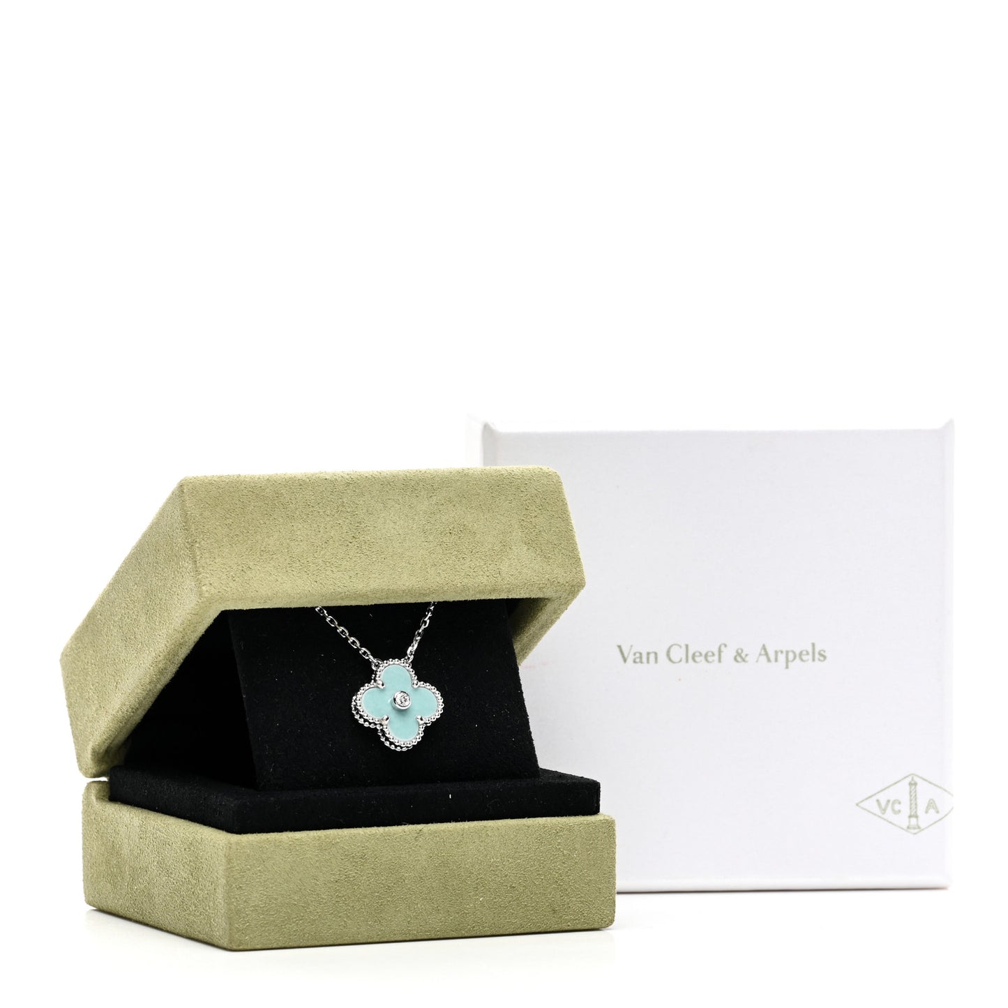 18K White Gold Diamond Celadon Green Sevres Porcelain Vintage Alhambra Pendant Necklace