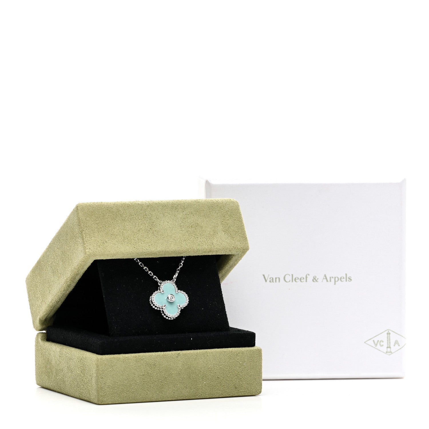 Van Cleef & Arpels 18K White Gold Diamond Celadon Green Sevres Porcelain Vintage Alhambra Pendant Necklace 5 of 5