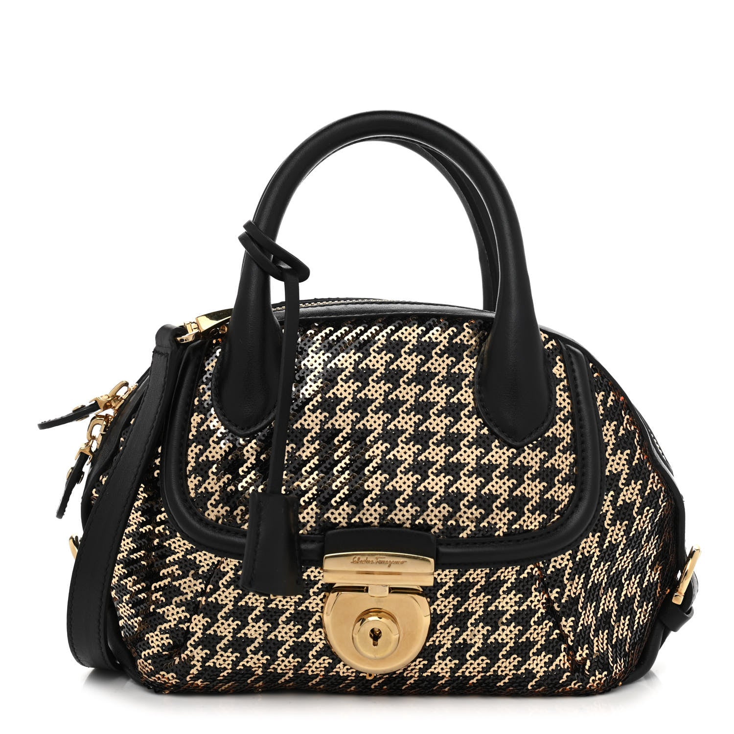 Salvatore Ferragamo Calfskin Sequin Small Fiamma Bag Black Gold 1 of 13