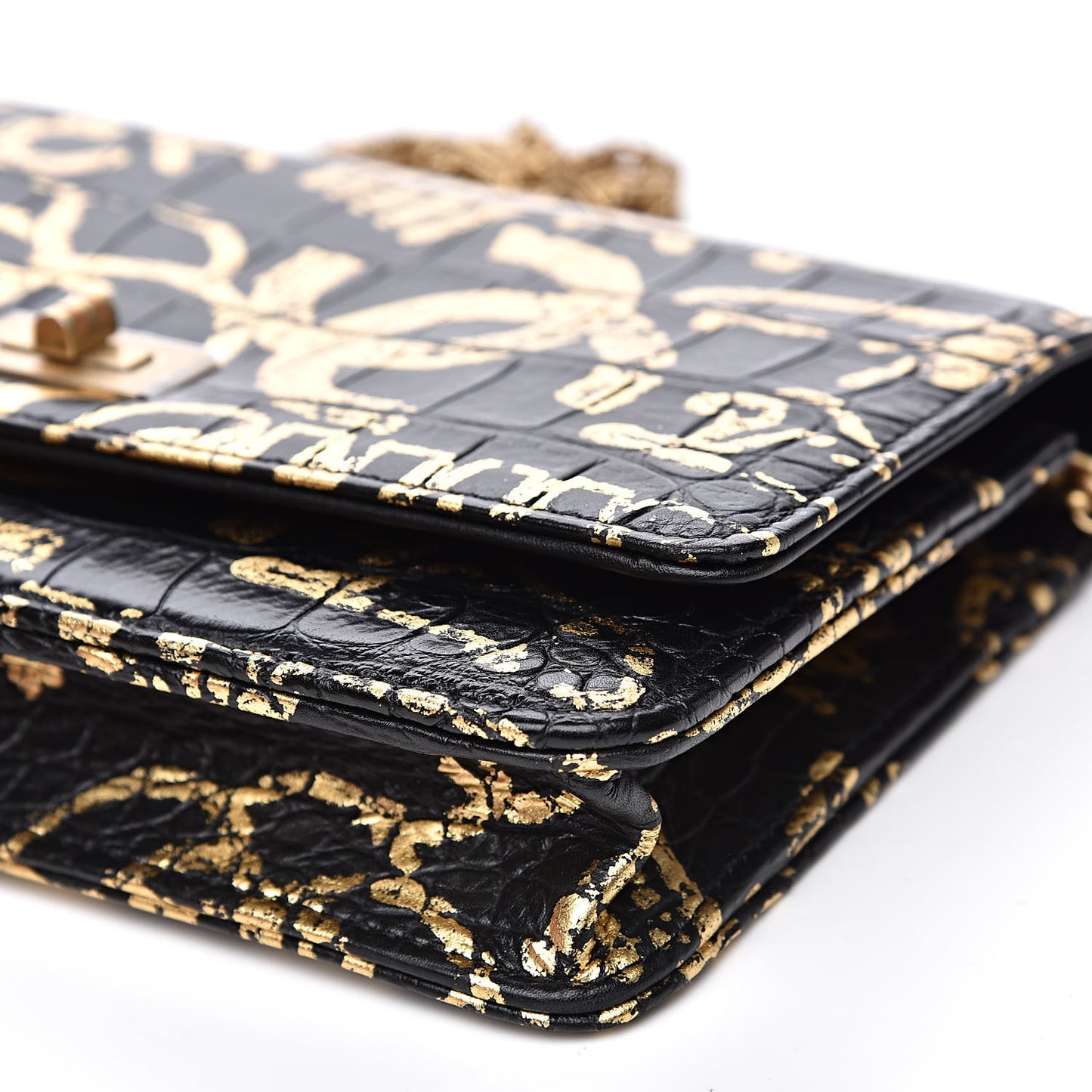 Calfskin Crocodile Embossed Graffiti 2.55 Crocodile Reissue Wallet On Chain WOC Black Gold