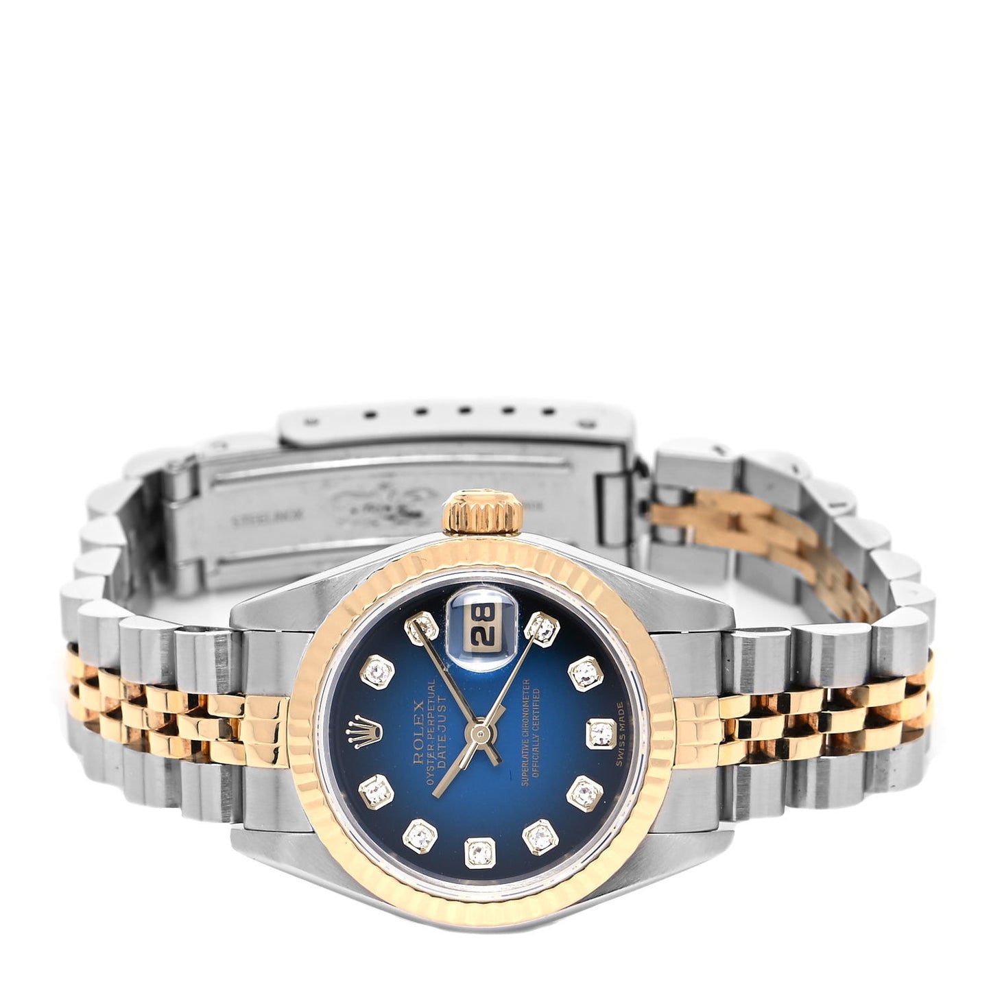 Stainless Steel 18K Yellow Gold Diamond 26mm Oyster Perpetual Datejust Watch Blue Gradient 79173