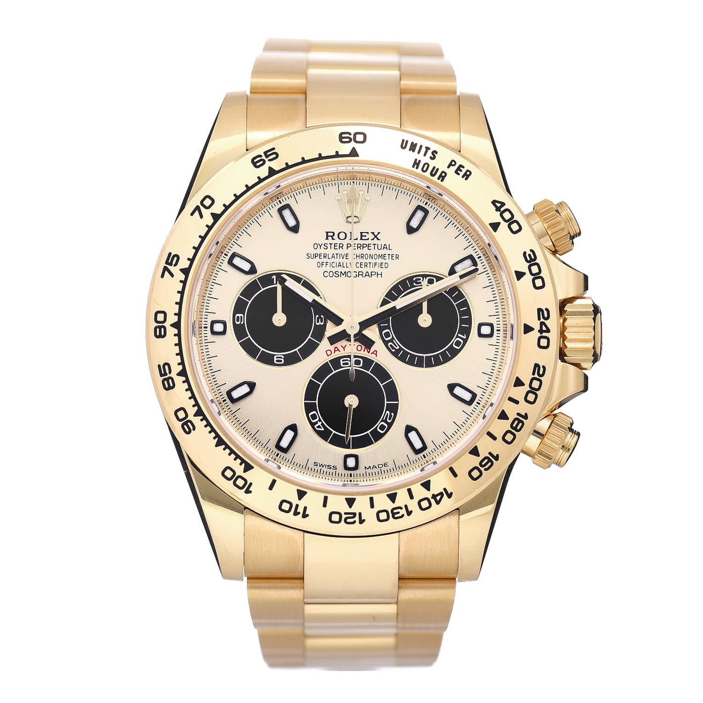 18K Yellow Gold 40mm Oyster Perpetual Cosmograph Daytona Watch Champagne Black 116508
