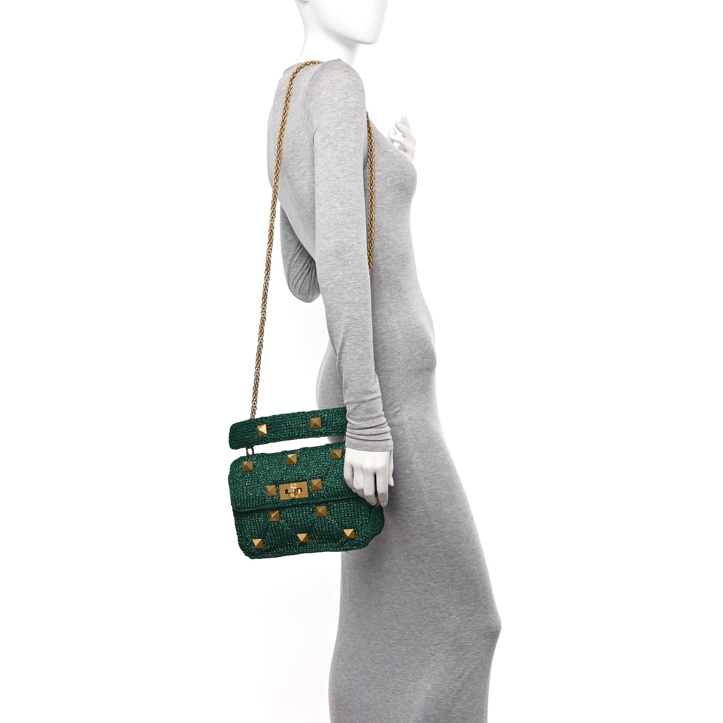 Metallic Woven Lurex Medium Roman Stud Shoulder Bag Jungle