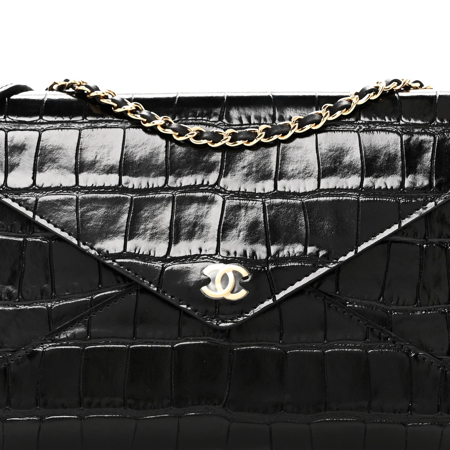 Calfskin Crocodile Embossed Envelope Clutch With Strap Black