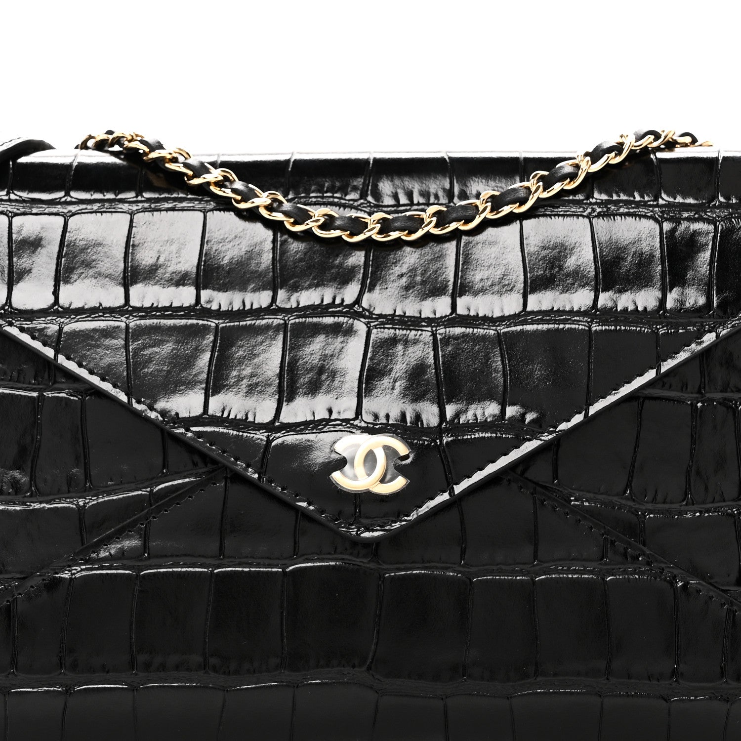 Chanel Calfskin Crocodile Embossed Envelope Clutch With Strap Black 8 of 10