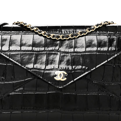 Chanel Calfskin Crocodile Embossed Envelope Clutch With Strap Black 8 of 10