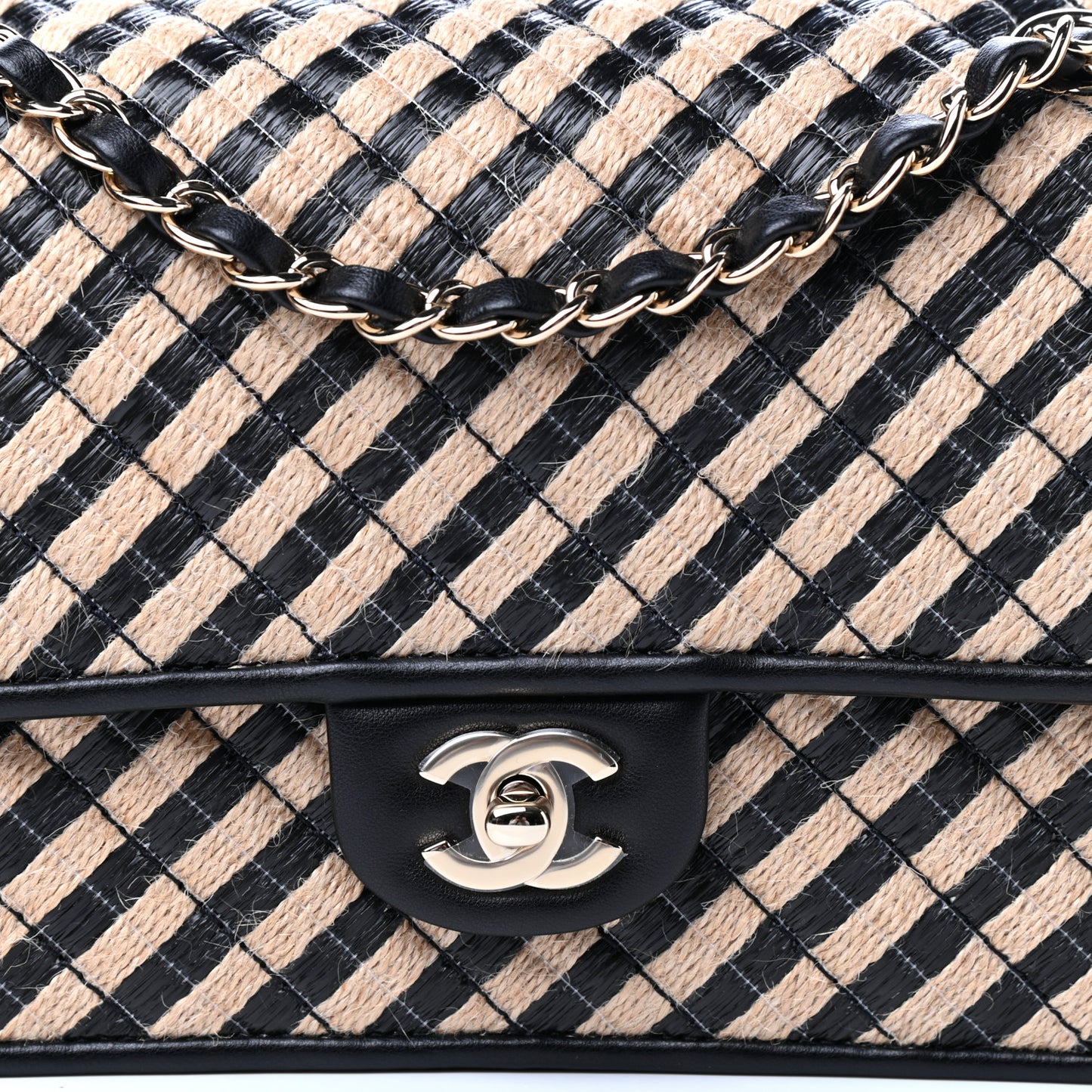 Raffia Jute Striped Medium Single Flap Black Beige