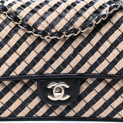 Chanel Raffia Jute Striped Medium Single Flap Black Beige 10 of 11