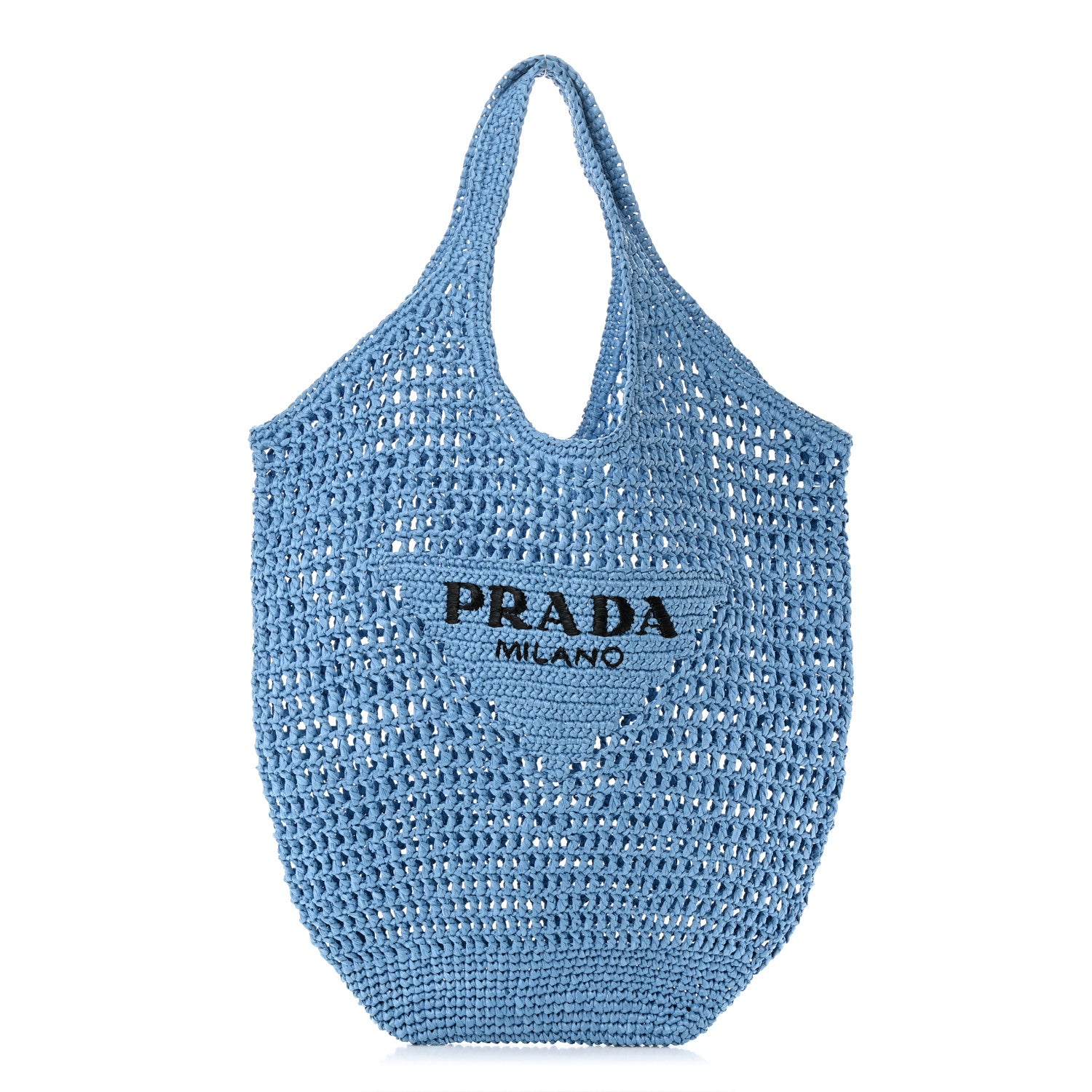 Prada Yarn Raffia Effect Crochet Logo Embroidered Shopping Tote Bag Celeste 1 of 9
