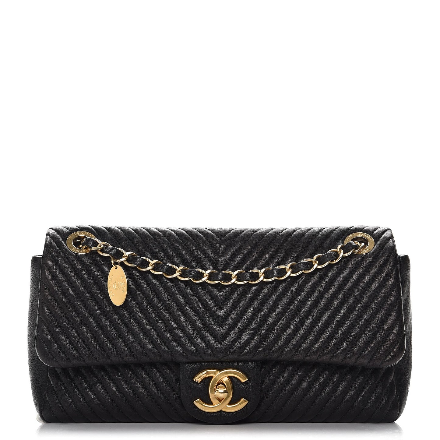 Calfskin Chevron Quilted Medium Surpique Flap Black