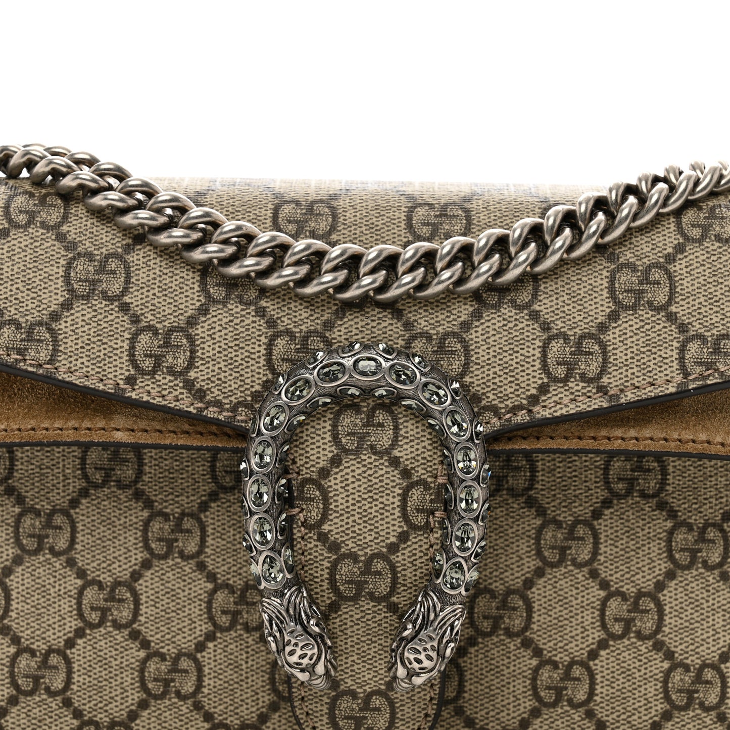 GG Supreme Monogram Suede Crystal Small Dionysus Shoulder Bag Beige Ebony Taupe