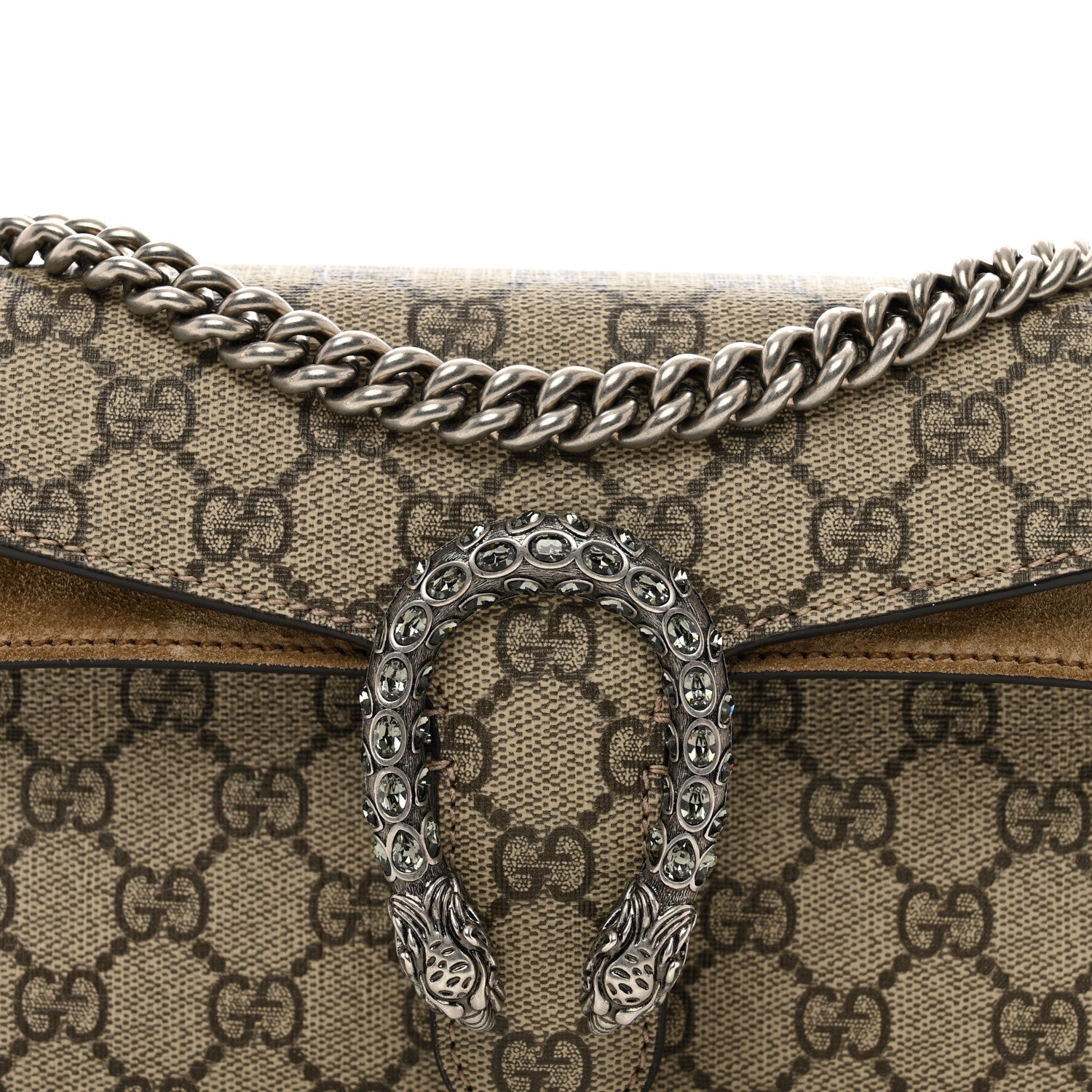 Gucci GG Supreme Monogram Suede Crystal Small Dionysus Shoulder Bag Beige Ebony Taupe 5 of 9