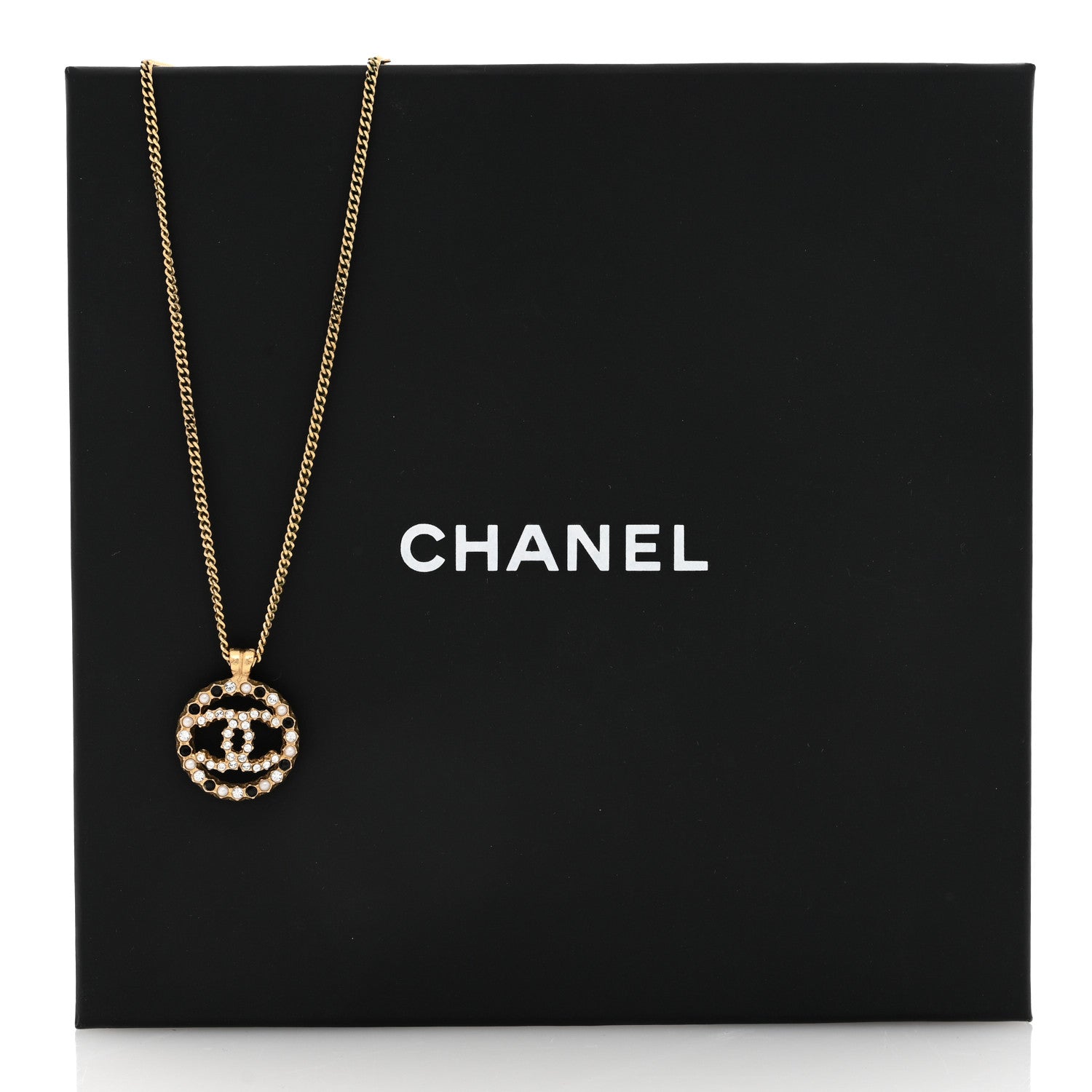 Chanel Pearl Crystal CC Round Pendant Necklace Gold Black 5 of 5