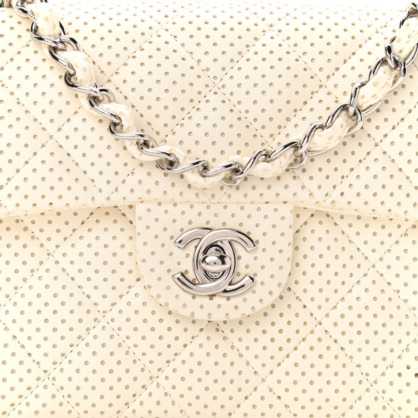 Lambskin Perforated Quilted Mini Square Flap White
