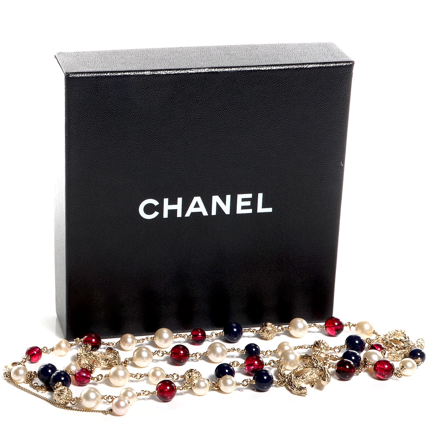 Beaded Pearl CC Long Strand Necklace Blue Red Gold