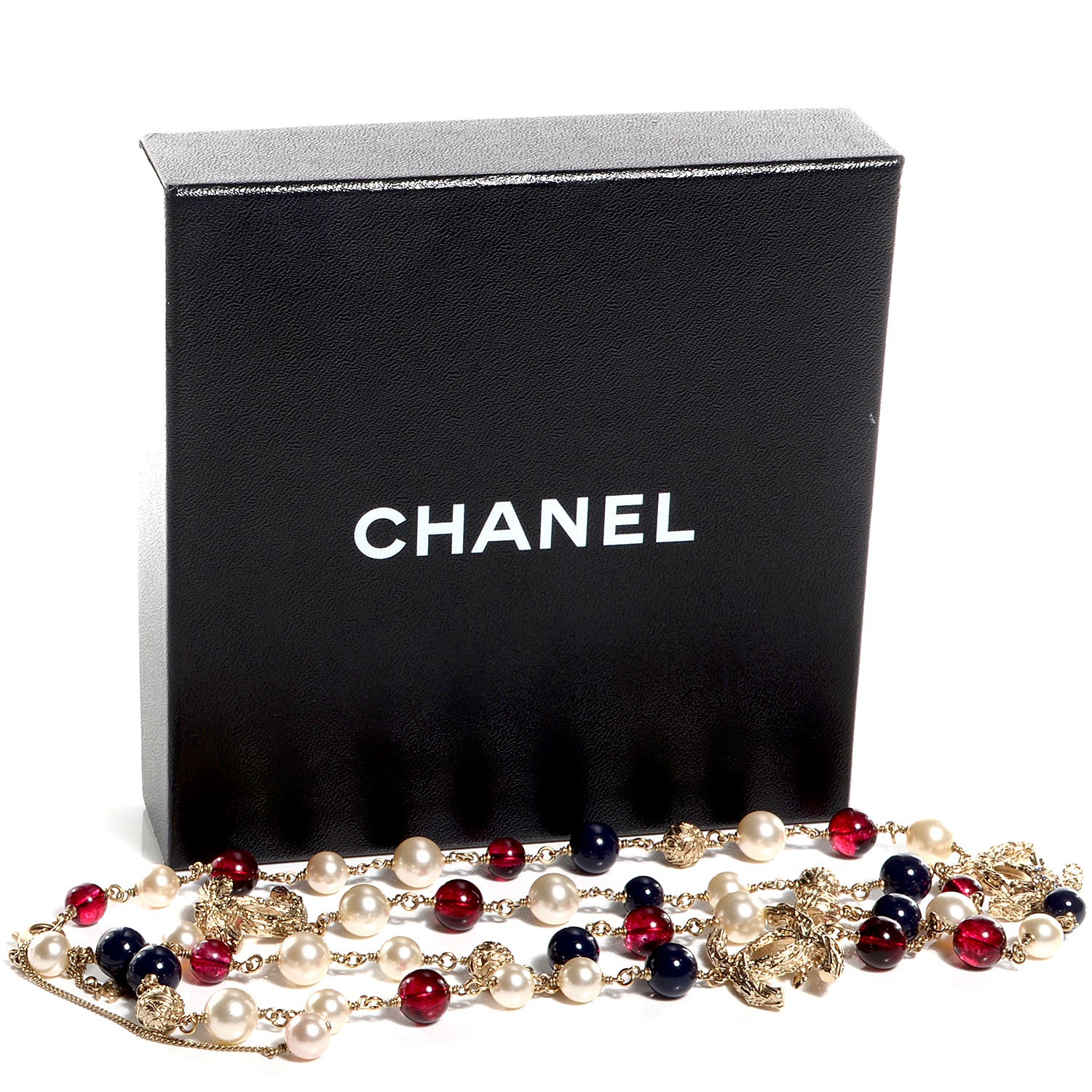 Chanel Beaded Pearl CC Long Strand Necklace Blue Red Gold 5 of 5