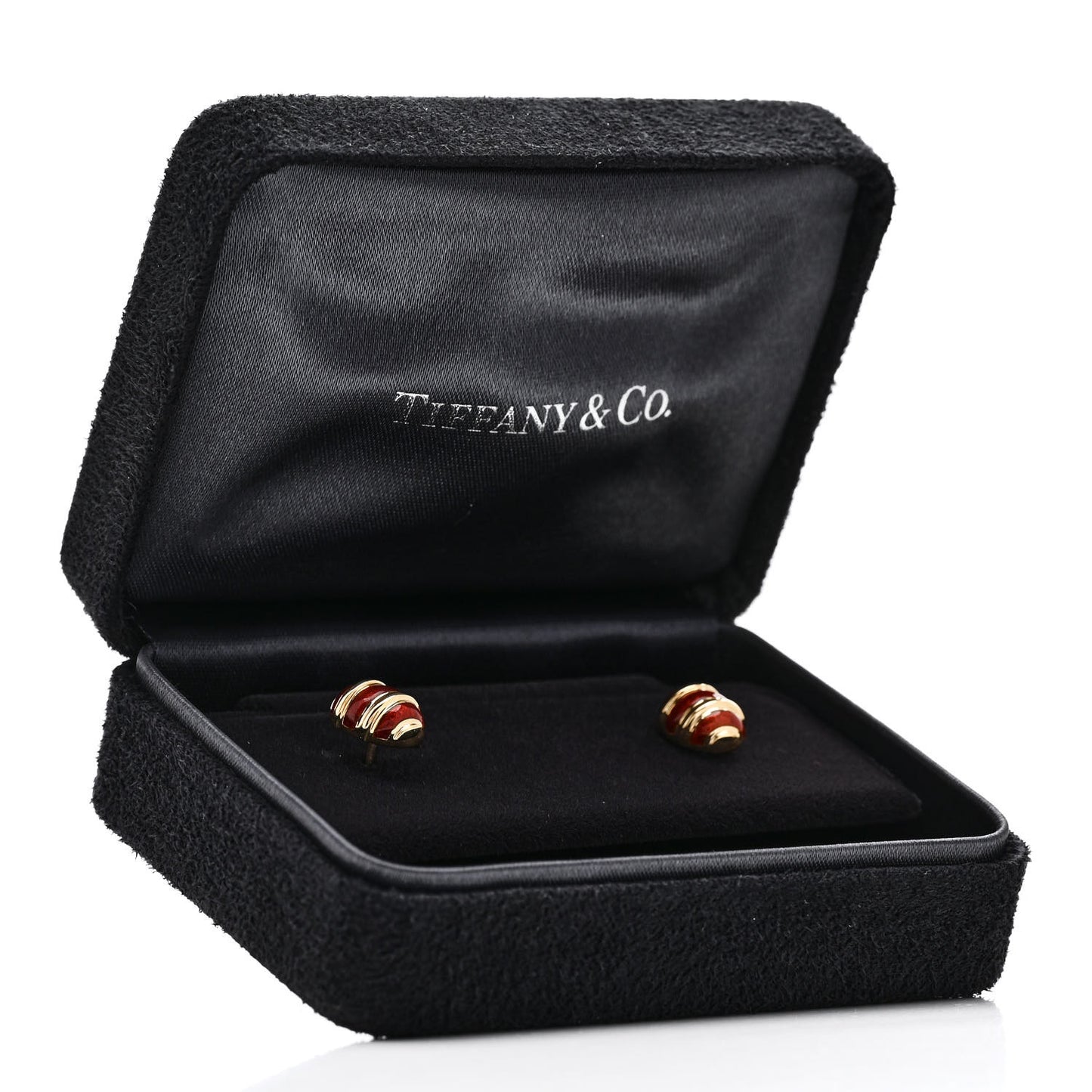 18K Yellow Gold Enamel Schlumberger Stud Earrings Red