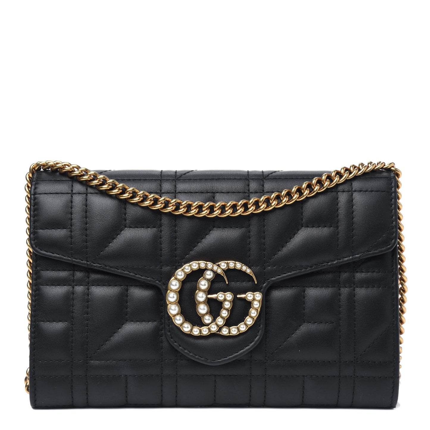 Calfskin Matelasse Mini Pearly GG Marmont Chain Wallet Black
