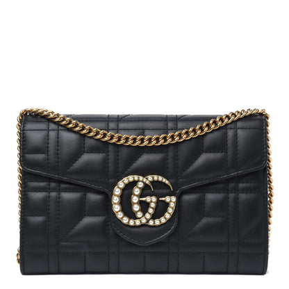 Gucci Calfskin Matelasse Mini Pearly GG Marmont Chain Wallet Black 1 of 5