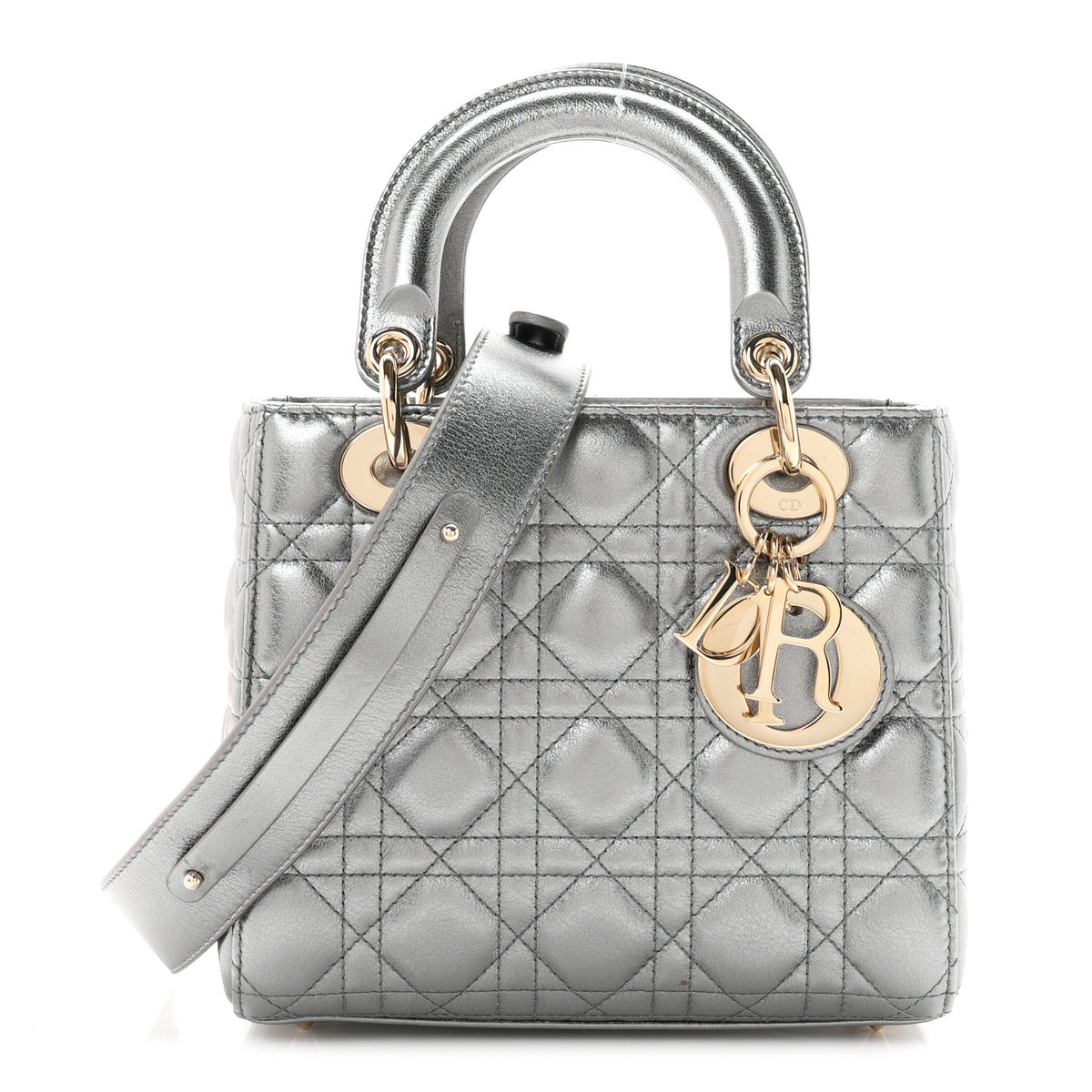 Metallic Lambskin Cannage Small My ABCDior Lady Dior Dark Silver