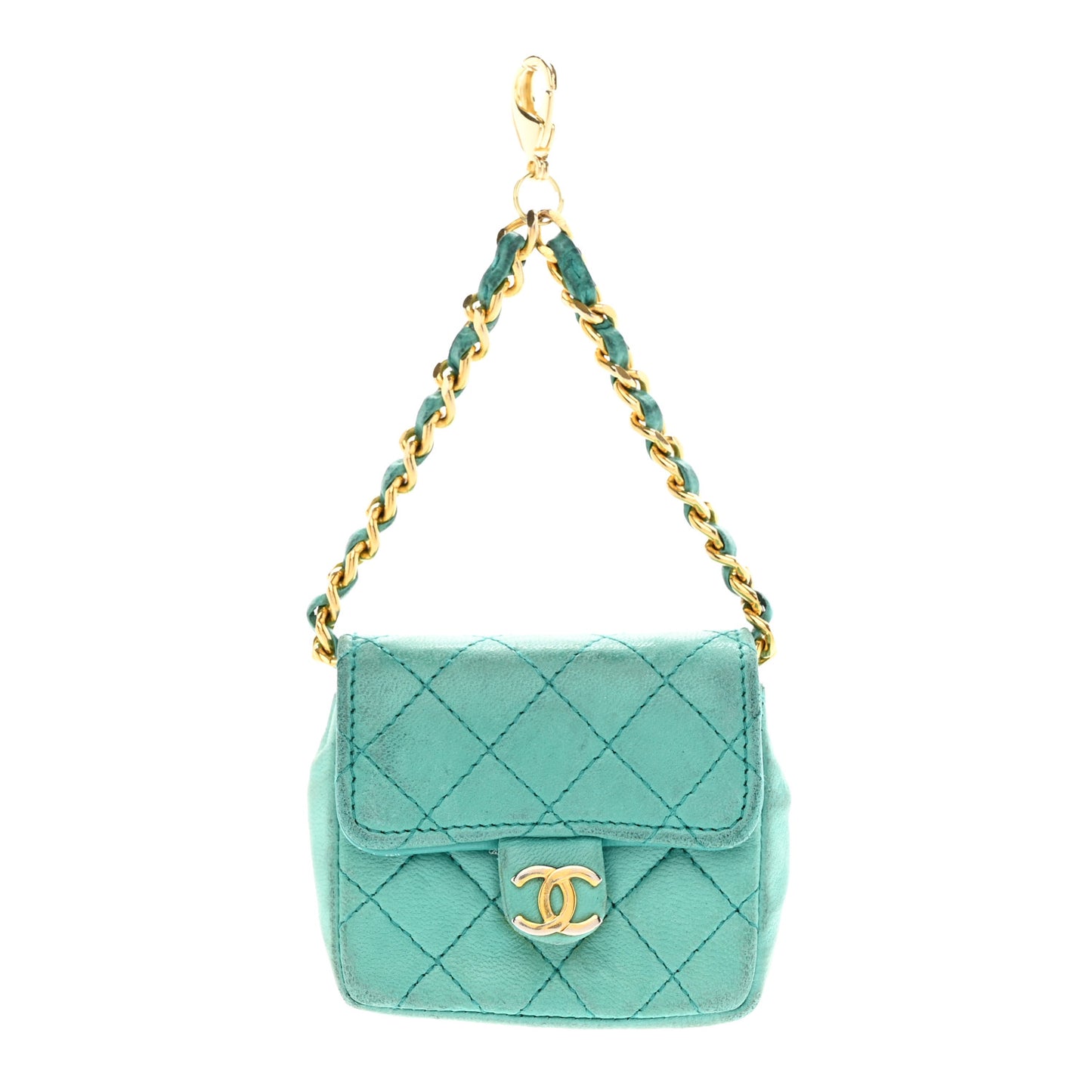 Lambskin Quilted Mini Pouch Bag Charm Keychain Turquoise