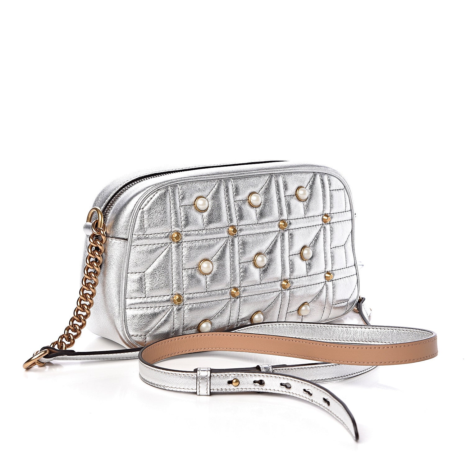 Gucci Metallic Calfskin Matelasse Studded Small Pearly GG Marmont Chain Shoulder Bag Silver 3 of 10