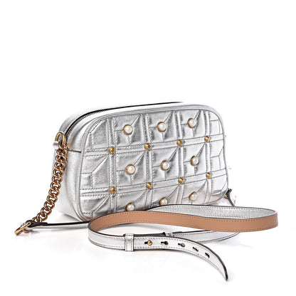 Gucci Metallic Calfskin Matelasse Studded Small Pearly GG Marmont Chain Shoulder Bag Silver 3 of 10