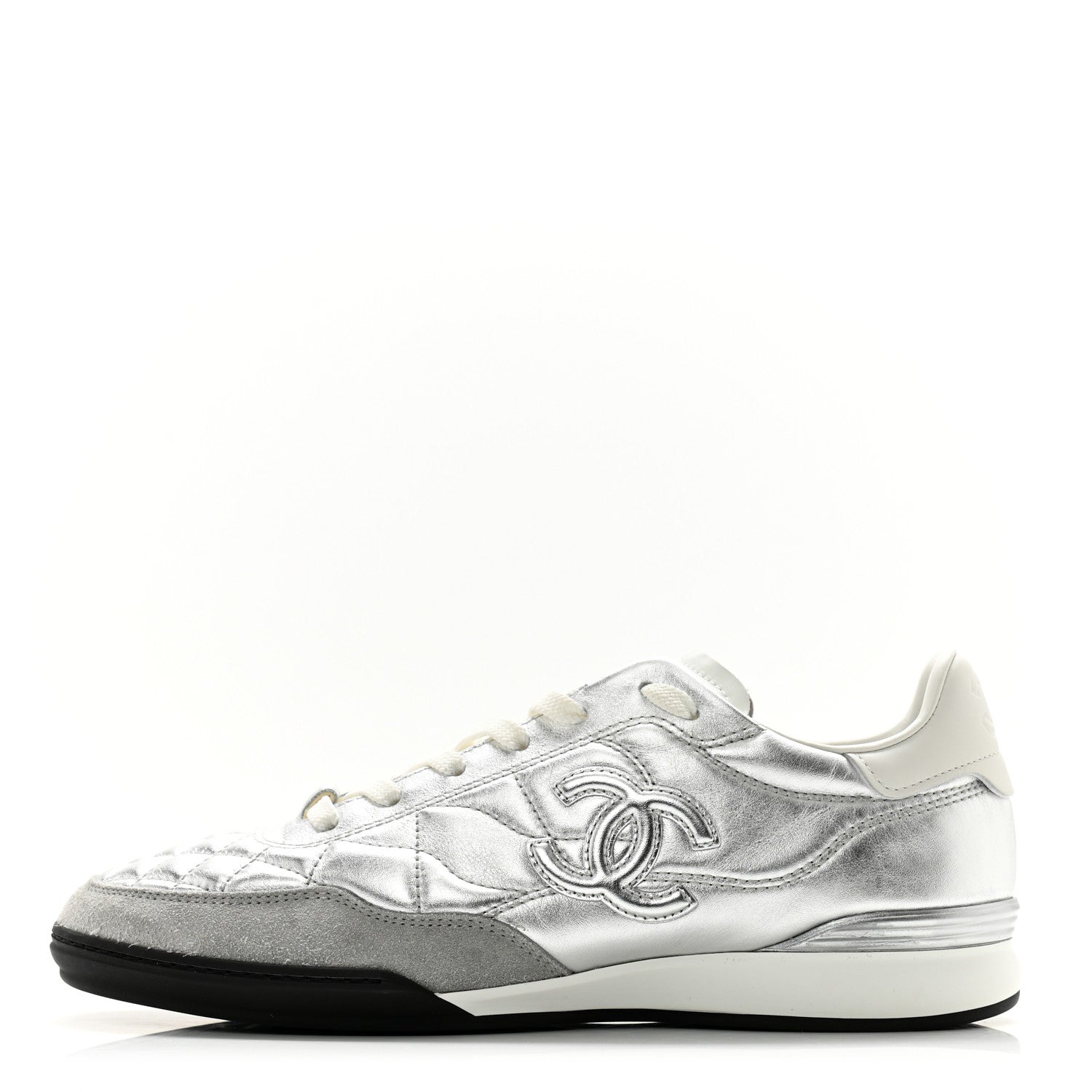 Chanel Laminated Calfskin Suede Quilted Womens CC Sneakers 39 Silver White Gray 1 of 9