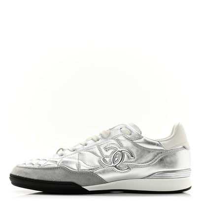 Chanel Laminated Calfskin Suede Quilted Womens CC Sneakers 39 Silver White Gray 1 of 9