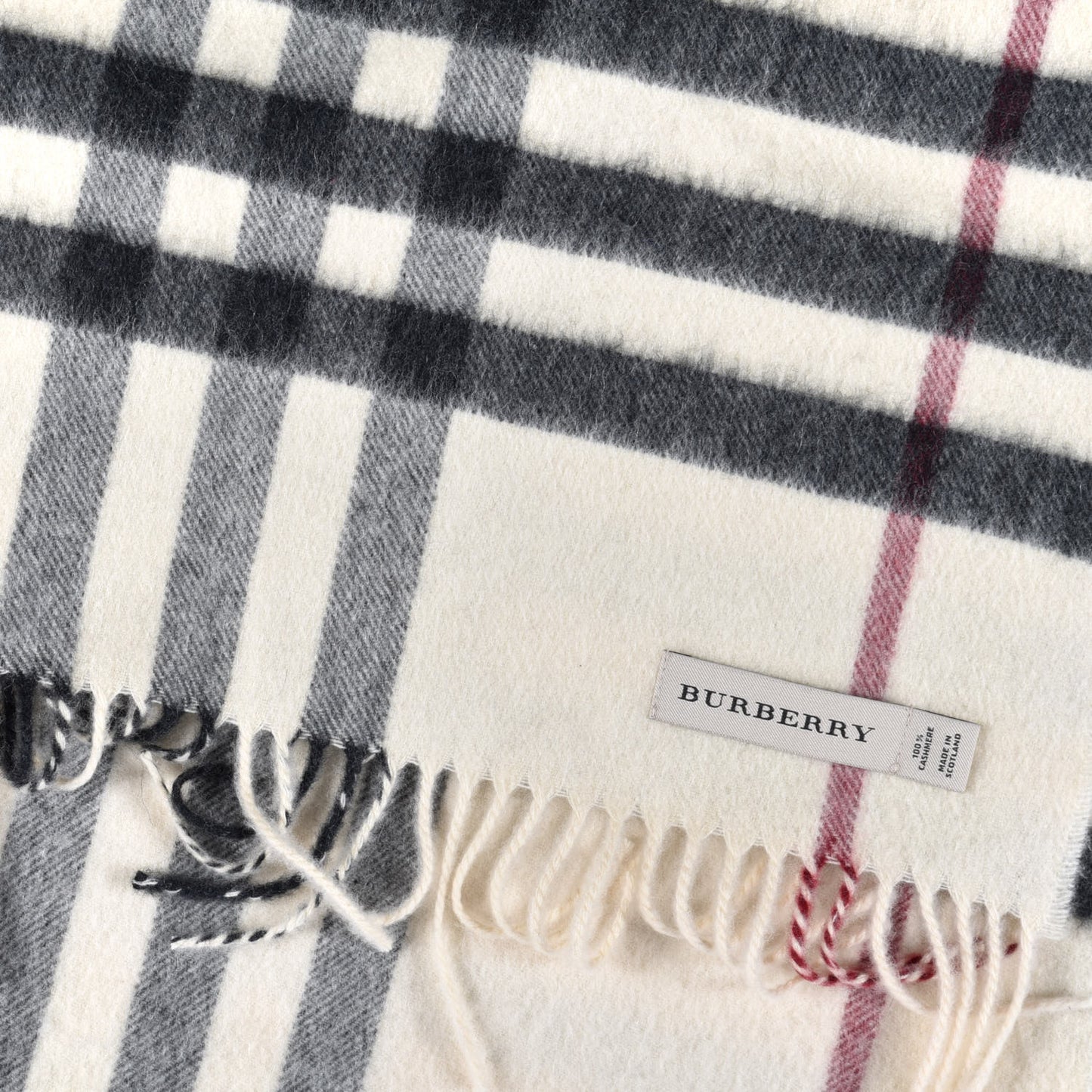Cashmere Giant Check Fringe Scarf Ivory
