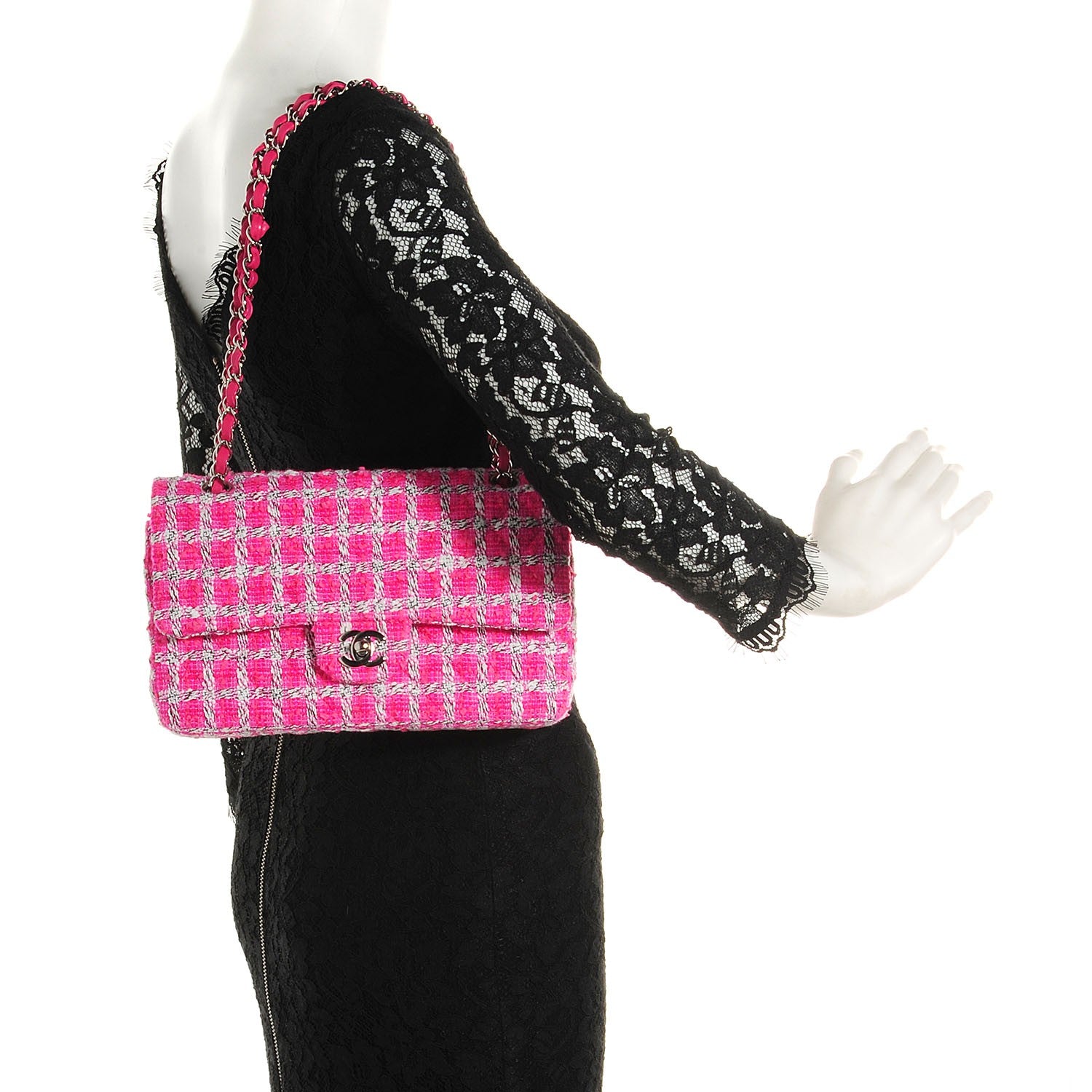 Chanel Tweed Medium Double Flap Fuchsia White 2 of 9