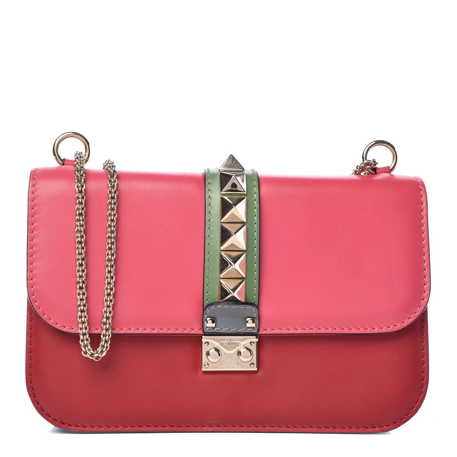 Valentino Garavani Vitello Medium Glam Lock Rockstud Flap Deep Rose Scarlet Grey Green 1 of 11