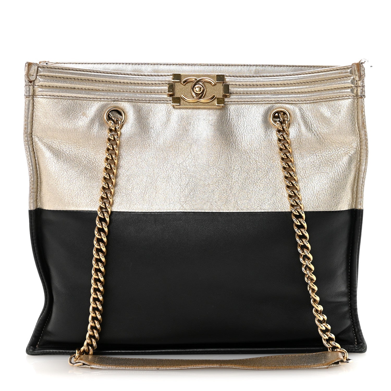 Chanel Metallic Goatskin Calfskin Bi-Color Large Boy Tote Black Gold 1 of 9