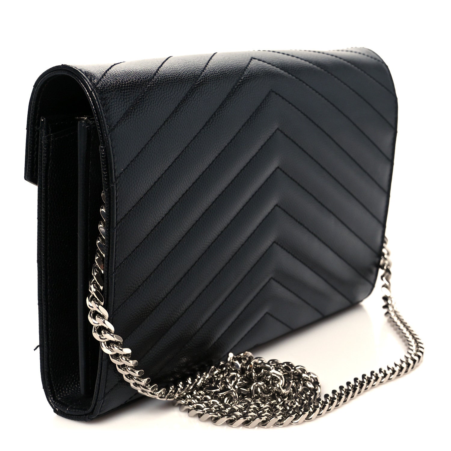 Saint Laurent Grain De Poudre Matelasse Chevron Monogram Chain Wallet Black 3 of 10