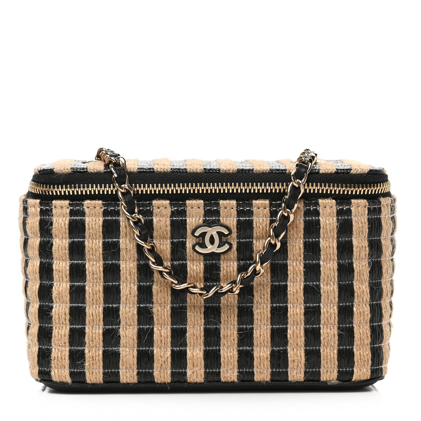 Raffia Jute Striped Small Vanity Case With Chain Black Beige