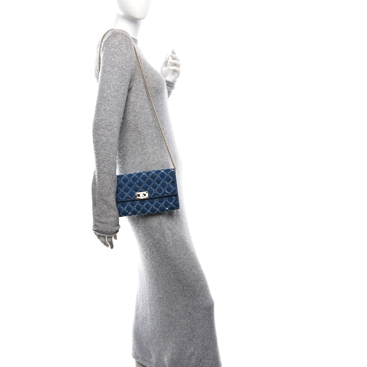 Valentino Garavani Denim Rockstud Spike Wallet on Chain Blue 2 of 10
