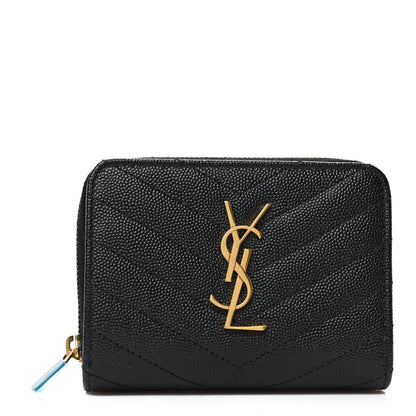 Saint Laurent Grain De Poudre Matelasse Chevron Monogram Compact Zip Around Wallet Black 1 of 6