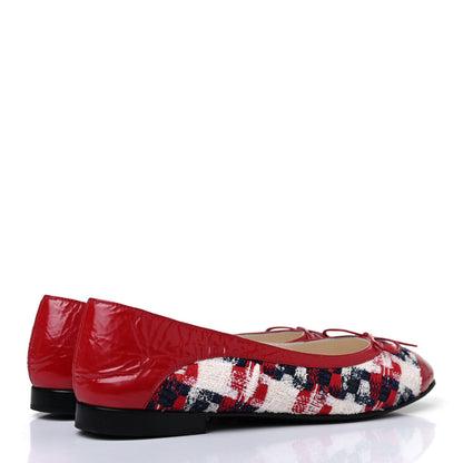 Chanel Tweed Crinkled Patent Cap Toe Ballerina Flats 38 Red 3 of 4