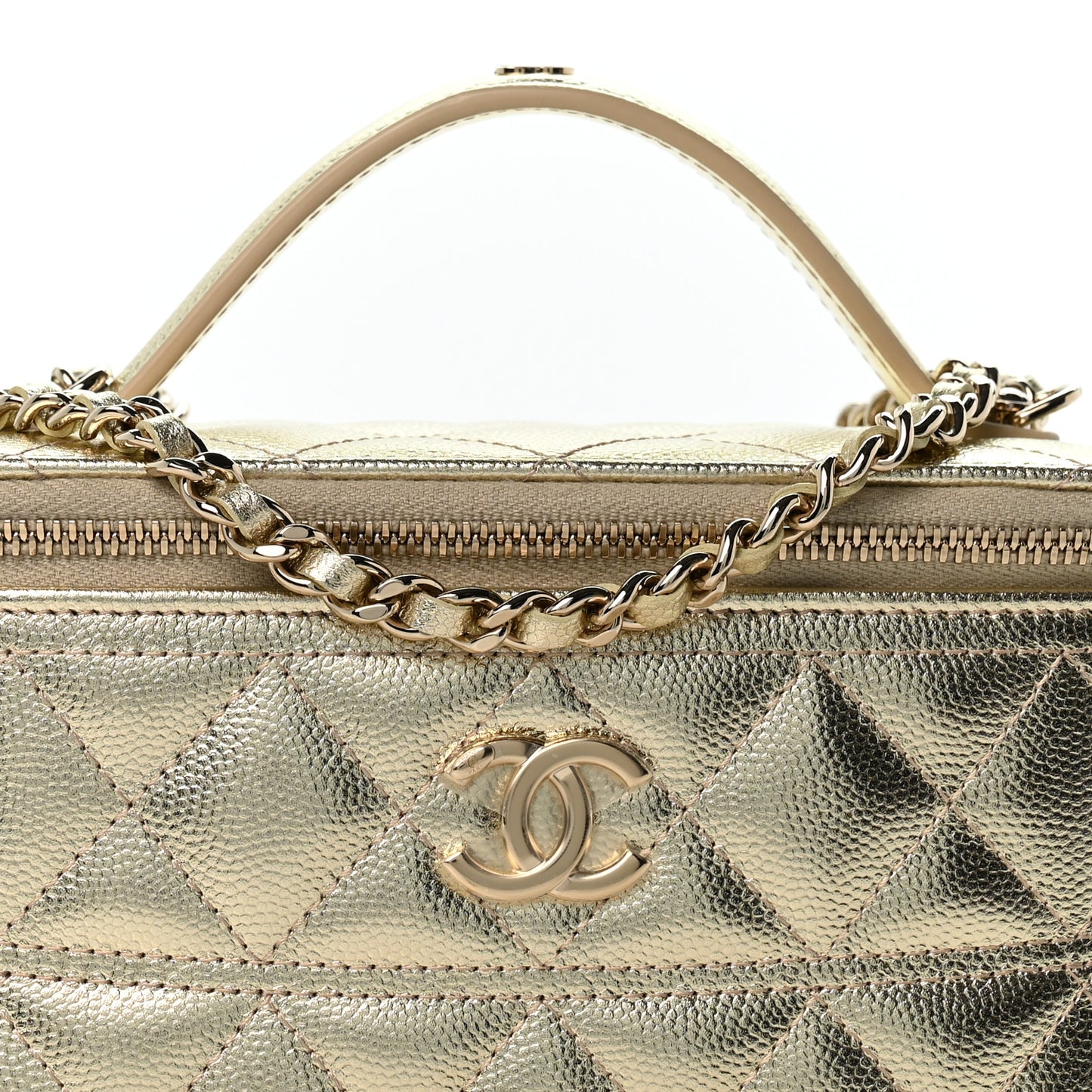 Metallic Caviar Quilted Trendy Handle Vanity Gold