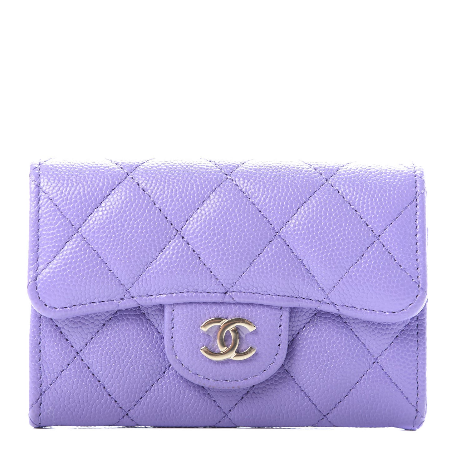 Caviar Quilted Flap Card Holder Wallet Purple