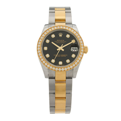 Rolex Stainless Steel 18K Yellow Gold Diamond Bezel 31mm Oyster Perpetual Datejust Watch Black 178383 1 of 5