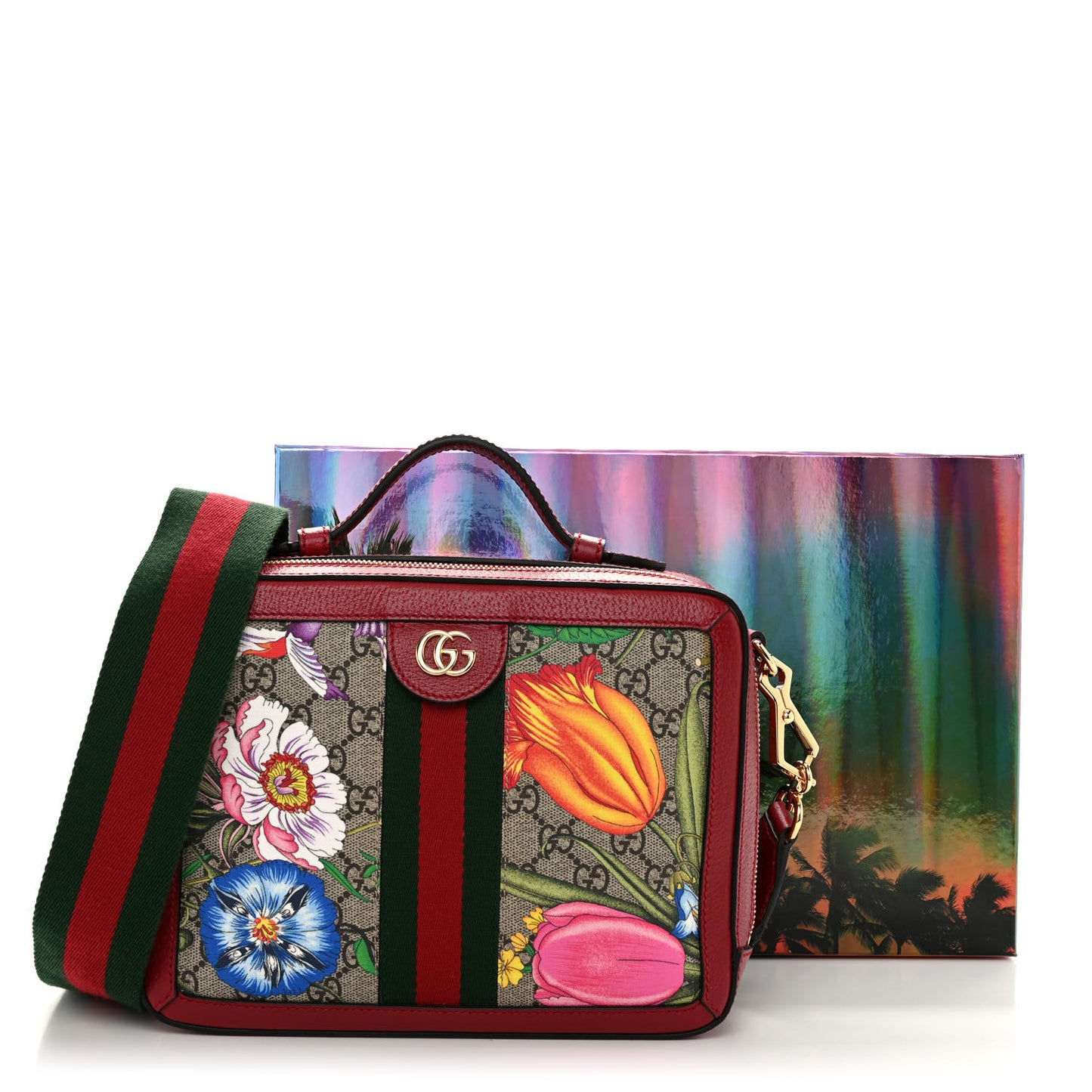GG Supreme Monogram Flora Web Small Ophidia Top Handle Shoulder Bag Hibiscus Red