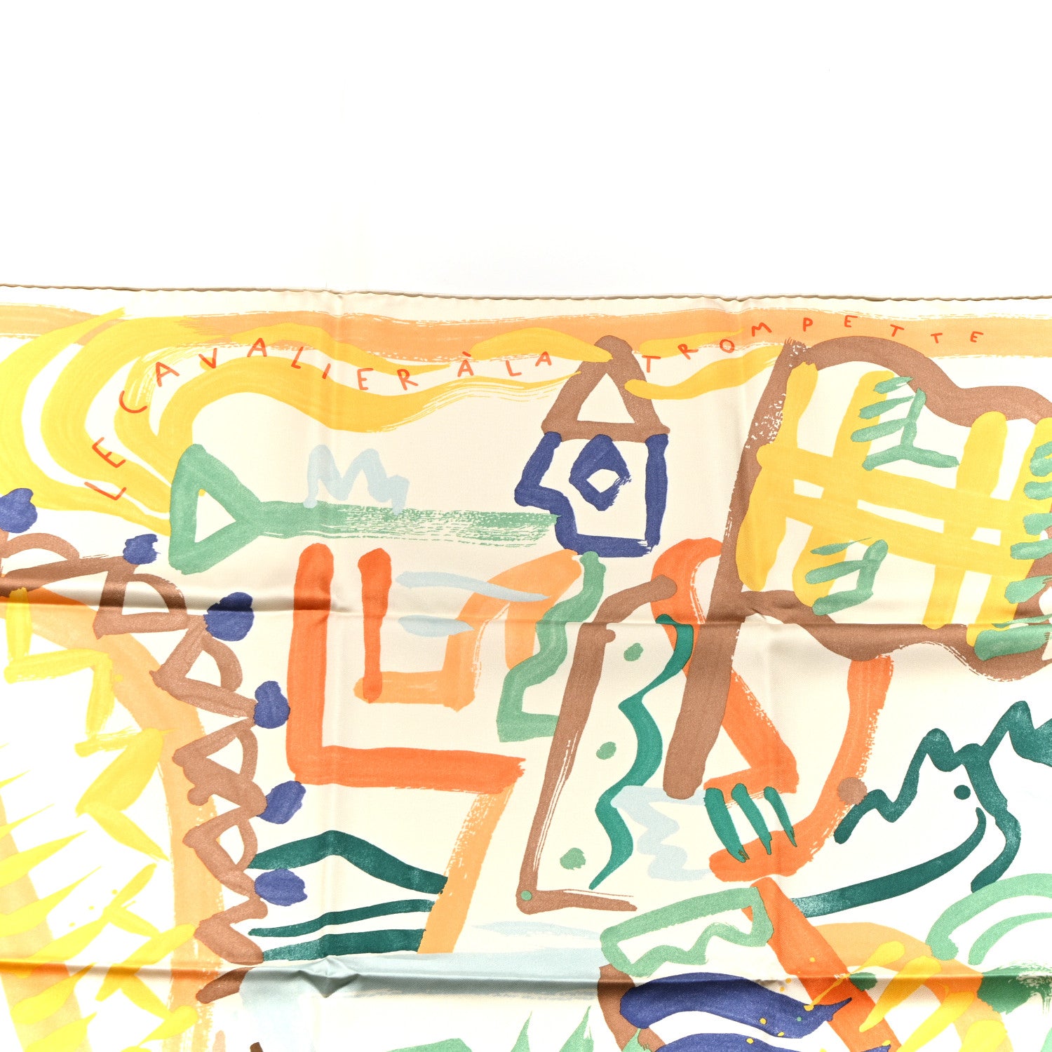 Hermes Silk Twill Le Cavalier a la Trompette Scarf 90 Ivorie Jaune Vert 5 of 6