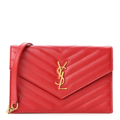 Saint Laurent Grain De Poudre Matelasse Chevron Monogram Envelope Chain Wallet New Red 1 of 10