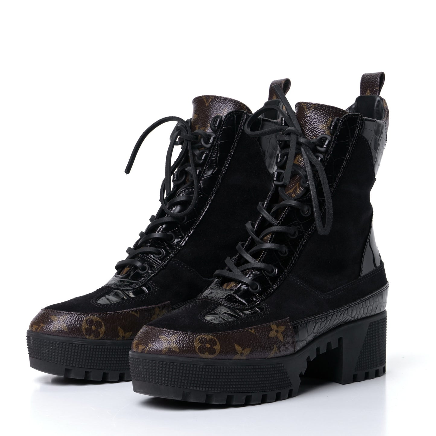 Suede Calfskin Crocodile Embossed Patent Monogram Laureate Platform Desert Boots 40 Black